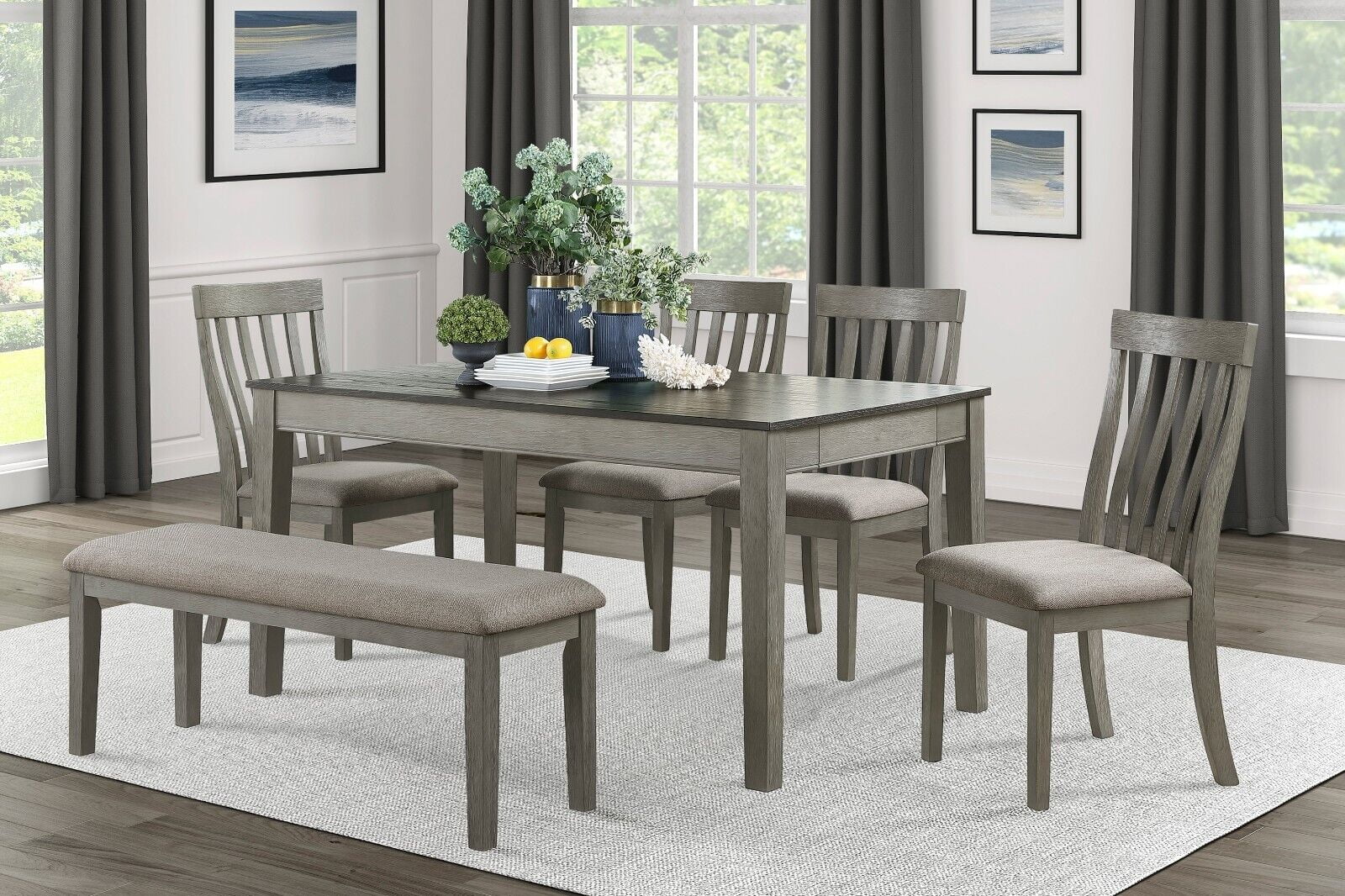 Light Gray Finish Modern 6pc Dining Set Drawers Table Bench 4x Side ...