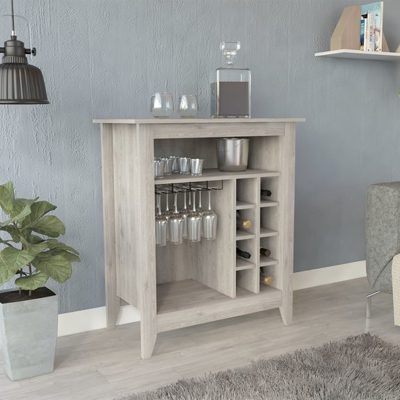 Light Gray Finish - One Open Shelf - In Entertainment Room - Organizes Drinks