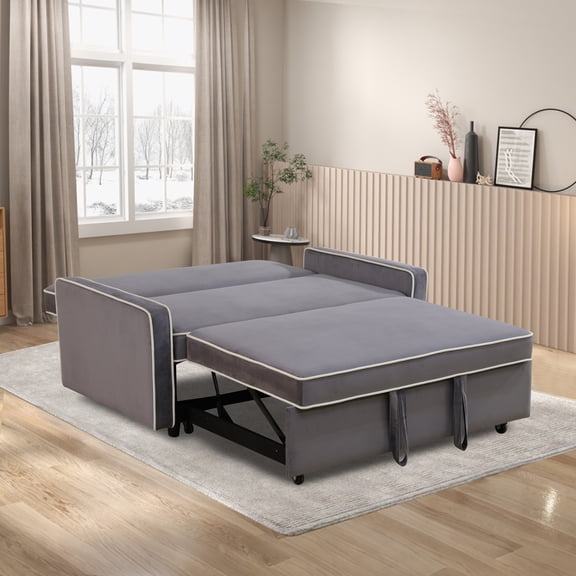 Light Gray Fluffy Fabric Sofa Bed, Extendable Convertible Sectional with Adjustable Backrest and Removable Arms, 1-Piece Living Room Sleeper Sofa