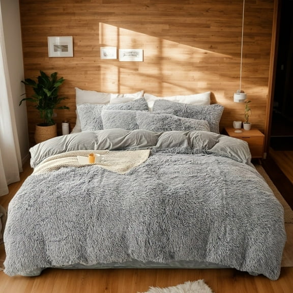 Light Gray Fluffy Faux Fur Duvet Cover Three-piece Set , Luxury Ultra Soft Shaggy Plush Bedding Set, Fuzzy Comforter Cover with 2 Furry Pillow Cases, Zipper Closure,Cozy and Warm,QUEEN/KING Sizes