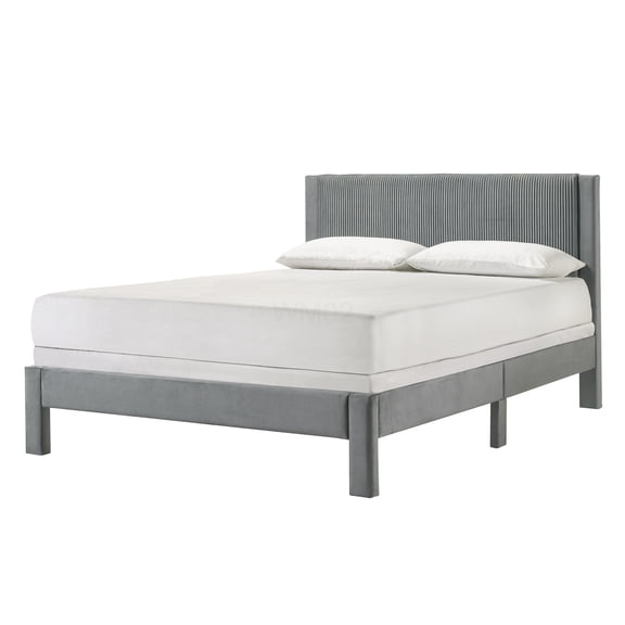 Light Gray Full Size Upholstered Platform Bed with Ribbed Headboard, Low Profile Modern Bed Frame with Tool-Free Assembly