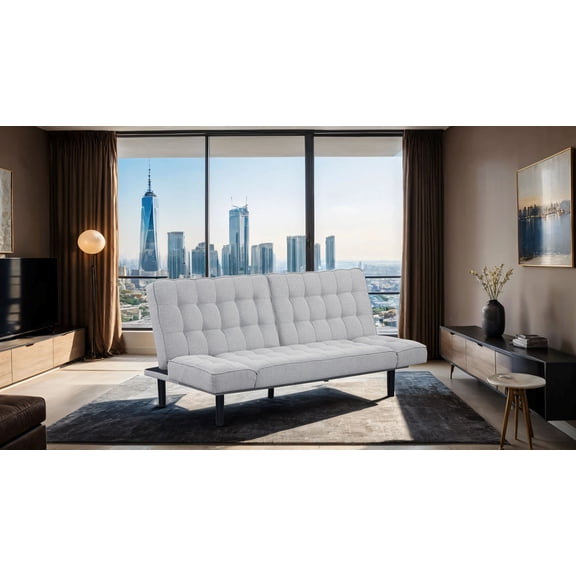Light Gray Futon Sofa Biscuit Tufting Seat Back 1pc Sofa Adjustable Arm Rests Converts to Bed Couch
