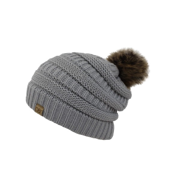 Light Gray Halo Ribbed Slouch Beanie Cap Hat With Fur Pom Pom
