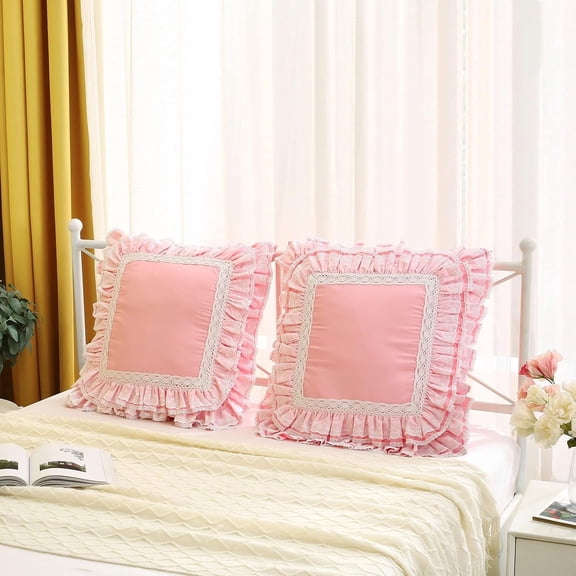 Light Gray Lace Euro Shams Luxury Throw Pillow Covers Cushion Cases with Ruffles Cotton 26"X26" Zipper Closure Elegant 2-Pack