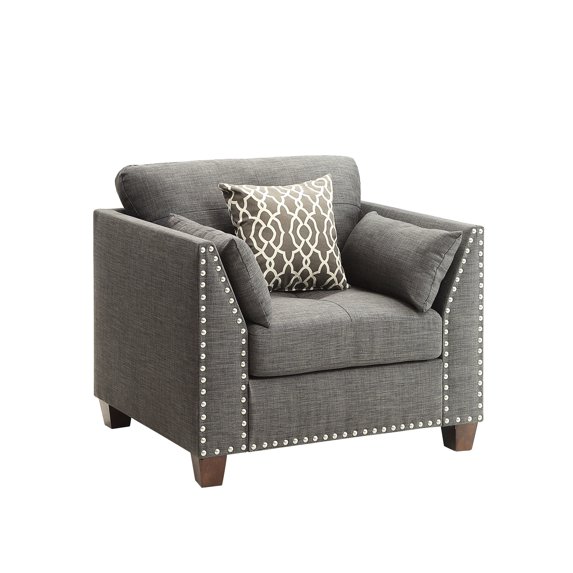 Light Gray Linen - Buttonless Tufted & Nailhead Trim - Living Room Use - Comfortable Seating with 3 Pillows