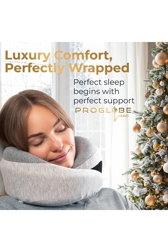 Light Gray Memory Foam Travel Neck Pillow for Airplanes, Compact Plane Cushion for Long Flights with Soft Chin Support and Compression Bag, Comfortable Lightweight Air Travel Accessory