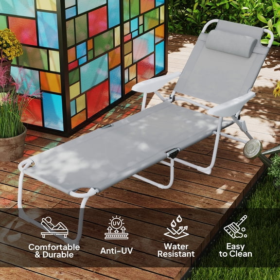 Light Gray Mesh Lounge Chair - Foldable Reclining Sun Lounger with Pillow, 265 lbs Capacity, Perfect for Poolside or Patio Relaxation