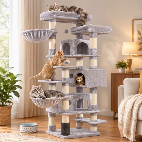 Light Gray Multi-level Cat Tree Tower with 3 Condos, Sisal Posts, and Interactive Toys
