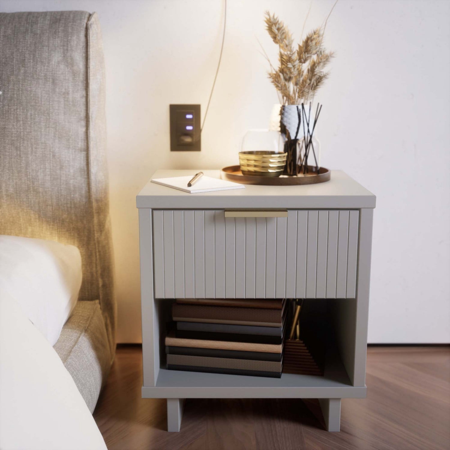 Light Gray Nightstand, Modern Contemporary Bedside Table with 1 Drawer, Solid Wood Ribbed Drawer Front and Gold Handle, Glam Storage End Table for Bedroom Living Room