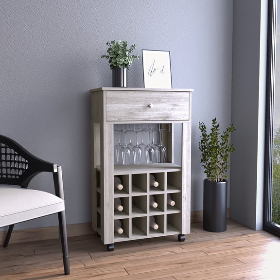Light Gray Particle Board Bar Cart with Wine Rack and Storage Shelf