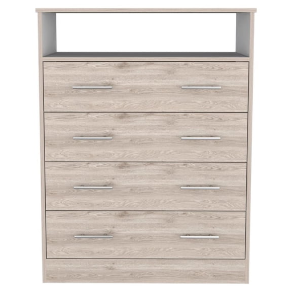 Light Gray Particle Board Tall Storage Dresser Four Drawers Single Open Shelf Metal Pull Hardware Vertical Bedroom Storage Cabinet