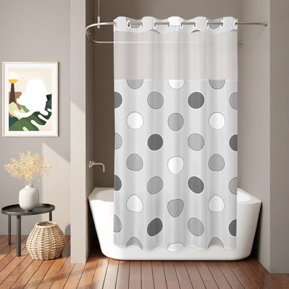 Light Gray Polka Dots Shower Curtain, Modern Minimalist Geometric Circles Spots Waterproof No Hooks Bath Shower Curtain with See Through Top Window for Bathroom Bathtub 36x72in
