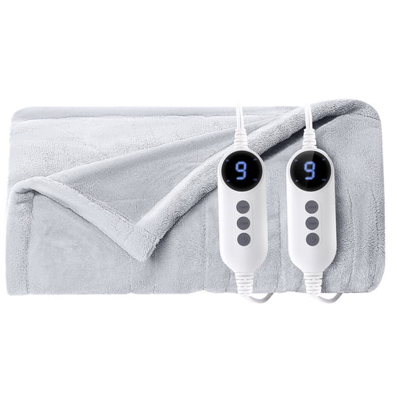 Vccoem Dual Control Heated Throw Blanket, Queen Size 84"x90", Dual-Sided Flannel & Sherpa, 9 Heat Settings, 2-10 Hour Auto Shut-off, Machine Washable Electric Blanket for Couch & Bed, Light Gray