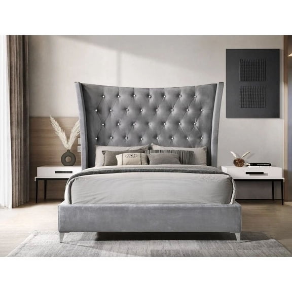 Light Gray Queen Size Platform Bed, Wing Back Crystal Tufted Headboard, Soft Fabric Upholstered Bed Frame