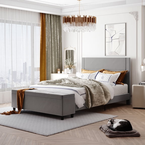 Light Gray Queen Size Storage Upholstered Platform Bed with a Cushioned Ottoman