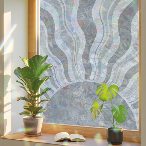 Light Gray Rising Sun Window Privacy Film, Minimalist Wavy Sunrays Line Sunset Stained Glass Rainbow Film Decorative Window Clings, Static Cling Sun Blocking Stickers 17.7" x 39.3"