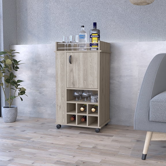 Light Gray Rolling Drink Cart | Effortless Mobility to Carry Drinks, Great for Arranging Glassware | Durable Particle Board | Single Door Storage for Spirits