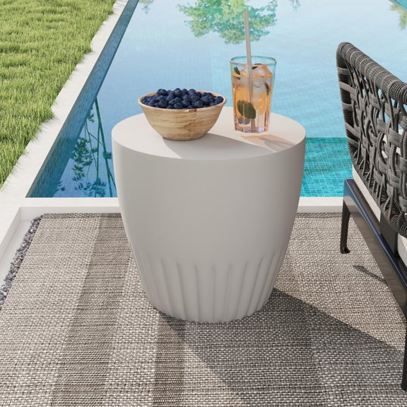 Light Gray Round ConeShaped Side Table, MgO Composite Outdoor Patio End Table with Handwoven Hemp Rope Handle, WeatherResistant Accent Table for Garden, Living Room