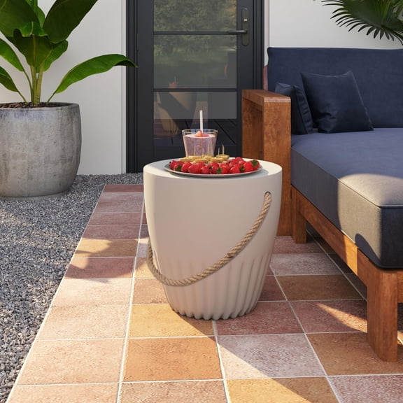 Light Gray Round ConeShaped Side Table, MgO Composite Outdoor Patio End Table with Handwoven Hemp Rope Handle, WeatherResistant Accent Table for Garden, Porch, Living Room