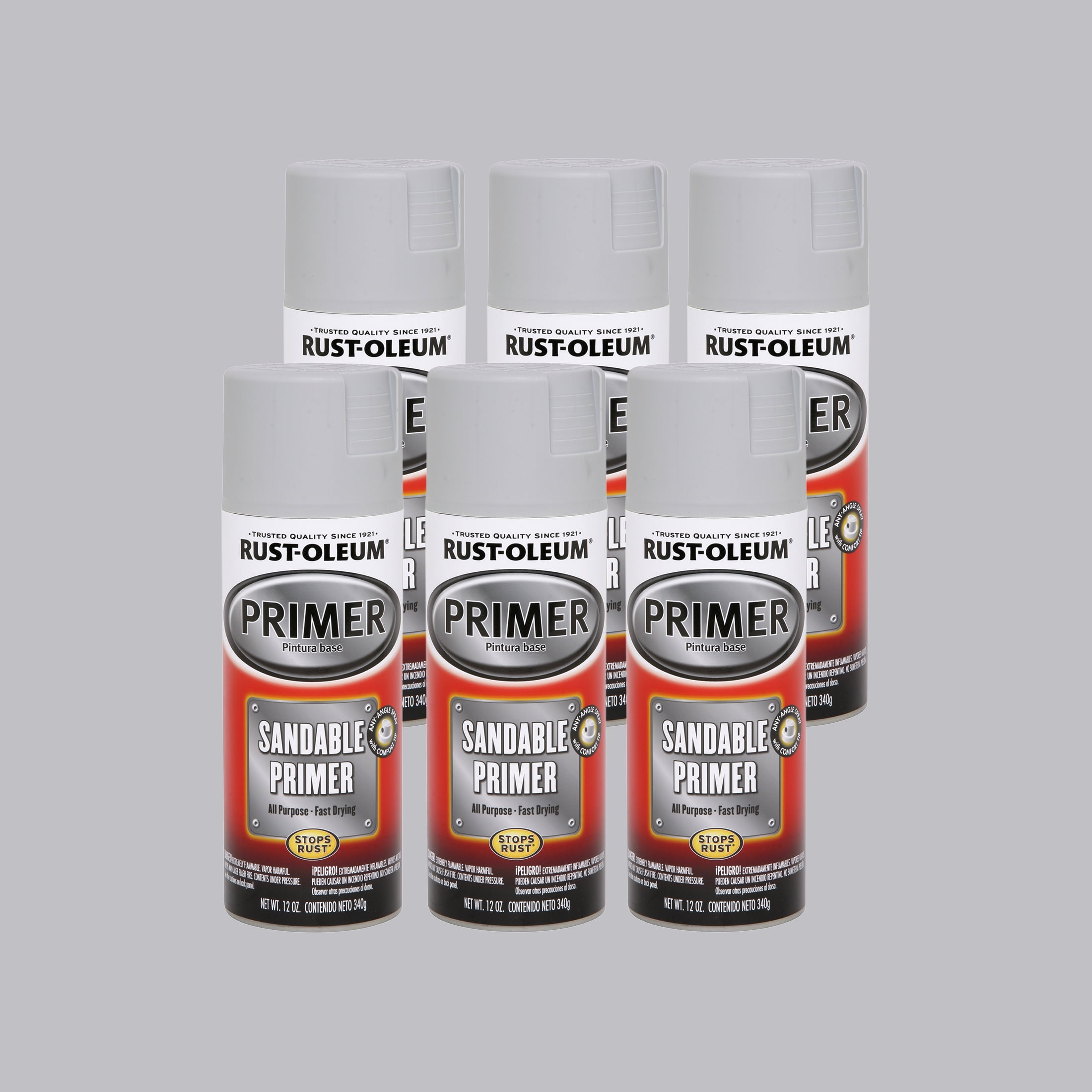 6 Pack, Light Gray, Rust-Oleum Automotive Flat Sandable Primer Spray-252472, 12 oz