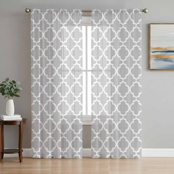 Light Gray Semi Sheer Curtains 84 Inch Length 2 Panels Set, Minimalist Boho Abstract Ethnic Motifs Sheer Kitchen Curtain Privacy Voile Window Curtain for Living Room Bedroom Rod Pocket Drapes