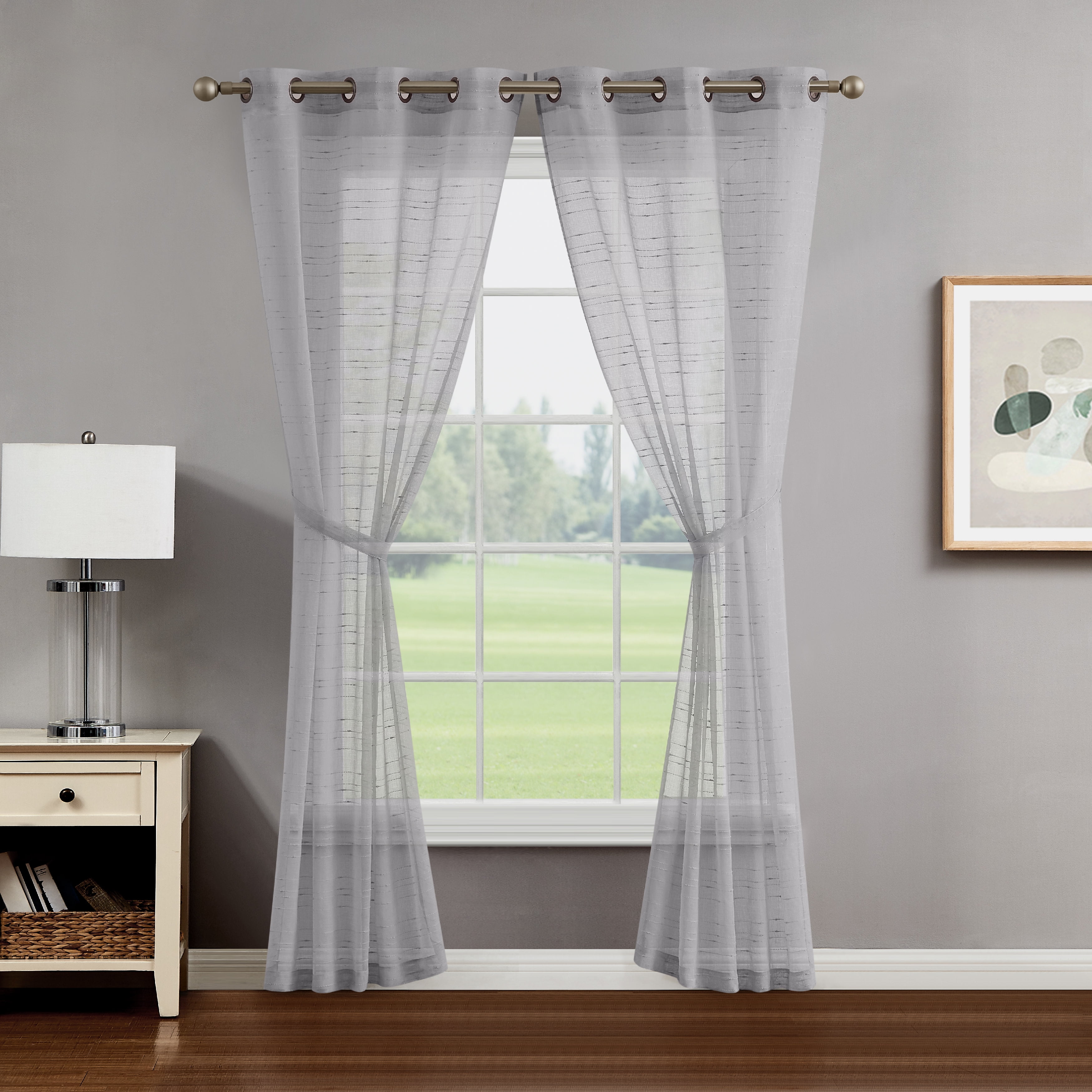 Light Gray Sheer Window Curtain Pair w Tiebacks, 38x96, Rosemary