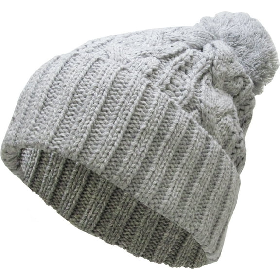 Light Gray Slouchy Cable Knit Pom Pom Beanie Winter Cap Chunky Skull Hat Ski Kinit Warm New