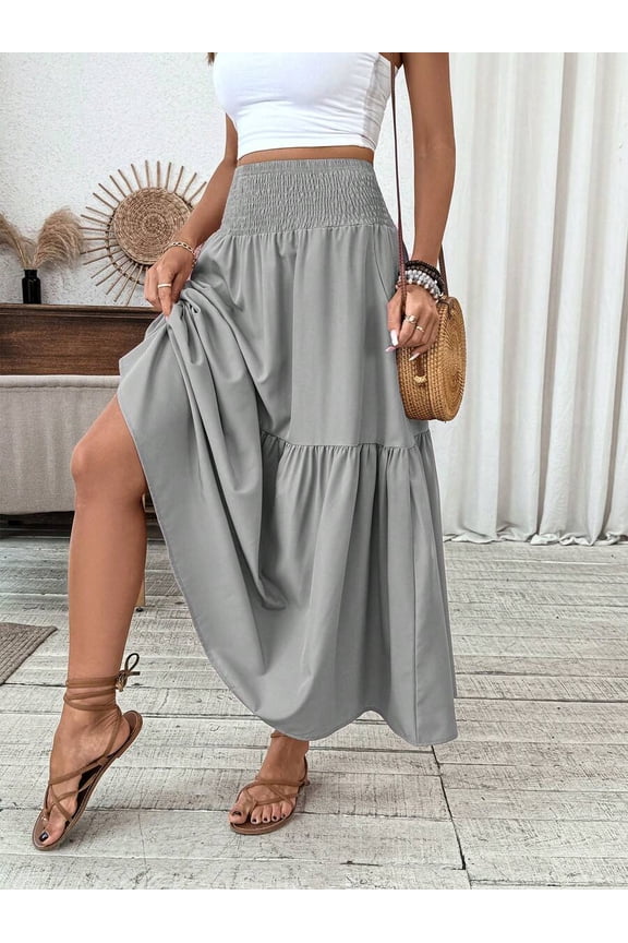 Light Gray Solid Tiered Flowing Maxi Skirt With Elastic Waist