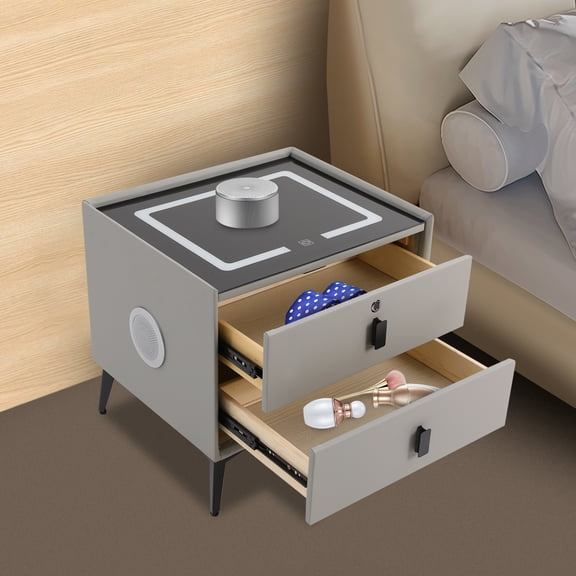Light Gray Solid Wood 50x40x46cm Intelligent Bedside Table Multifunctional Locker Fingerprint Lock/Wireless Charger/Bluetooth Speaker