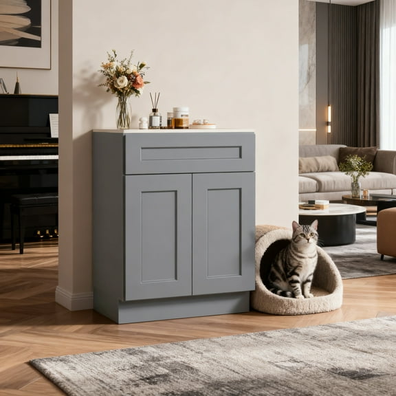 Mkosoll Kitchen Base Cabinets with Drawers, 27" Wide 24 Inch Deep RTA Storage Cabinet with 2 Shaker Doors, Modern Solid Wood Furniture, Easy to Assembly for Pantry, Laundry, Coffee Bar - Dark Grey