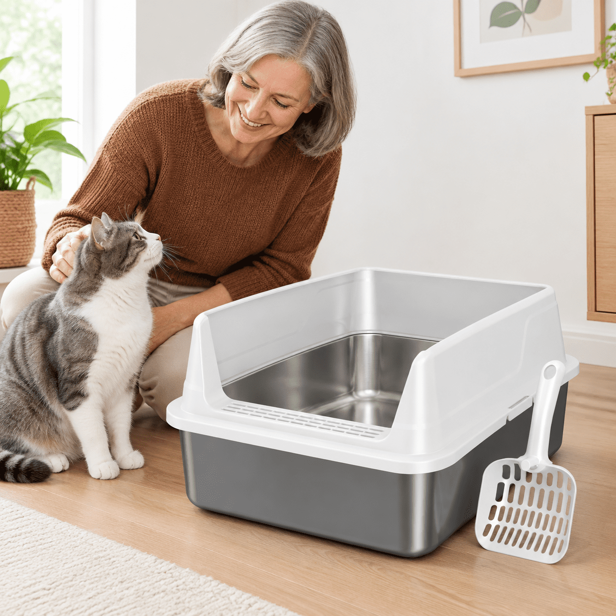 Light Gray Stainless Steel Cat Litter Box with Scoop, Small Metal Pan ...