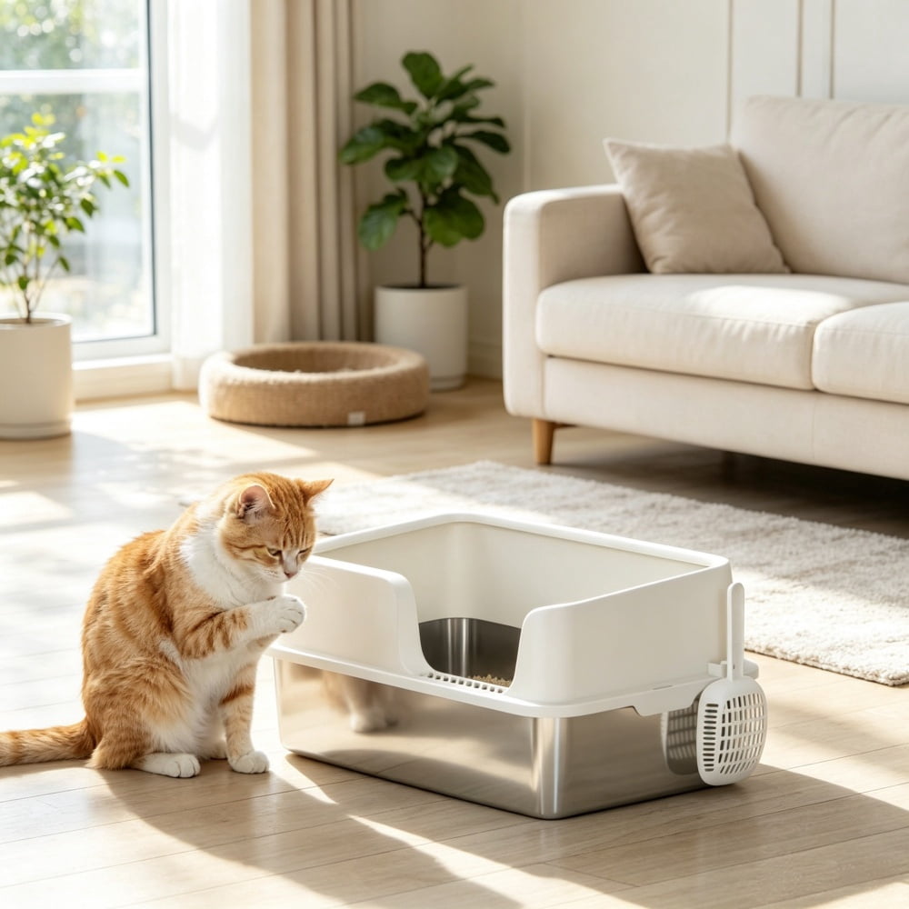 Light Gray Stainless Steel Litter Box, High Side, Scoop Included, Easy Cleaning & Anti-Urine Leakage for Big Cats