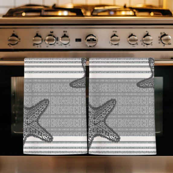 Light Gray Starfish Kitchen Towels Set of 3, Coastal Summer Beach Ocean Striped Absorbent Dish Towels for Kitchen, Microfiber Hand Towel, Quick Drying Tea Towel for Cleaning Decorative Dishcloths