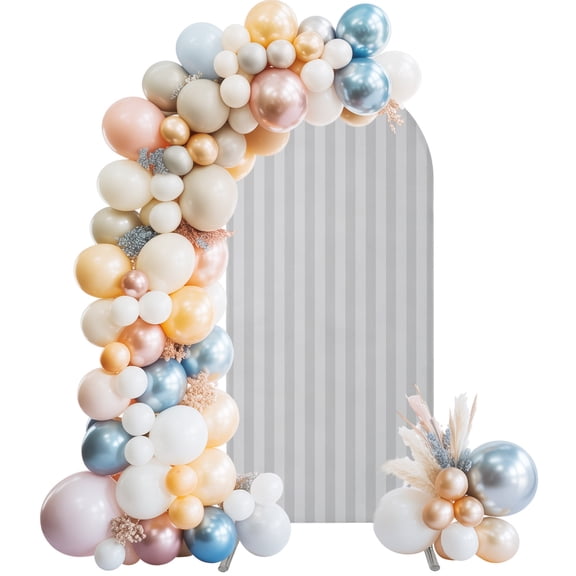 Light Gray Stripes Wedding Arch Backdrop Cover 5FT ,Spandex Fitted Neutral Tone Pattern Wedding Arch Covers Round Top Chiara Arches Backdrop Stand Cover for Birthday Party Ceremony Banquet