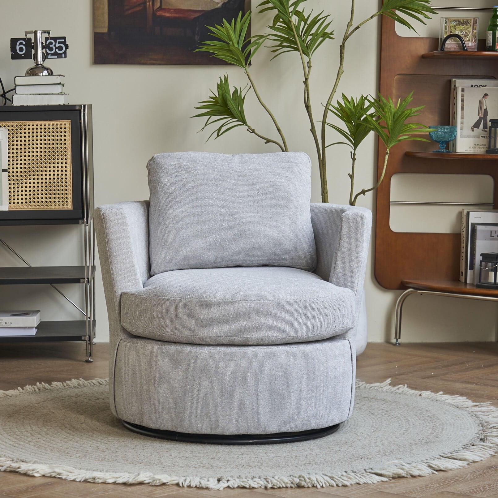 Light Gray Swivel Barrel Accent Chair, Modern Upholstered Round Accent
