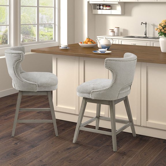 Light Gray Swivel Stool with Silver Metal Details | Appropriate for Modern Kitchens | Combines Durability and Aesthetics