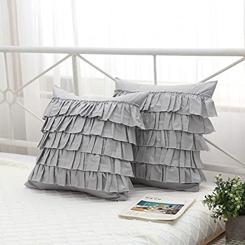 Light Gray Throw Pillow Covers with Waterfall Ruffles 5 Lays Square Grey Cushion Cases Egypt Cotton 18"X18" 2-Pack