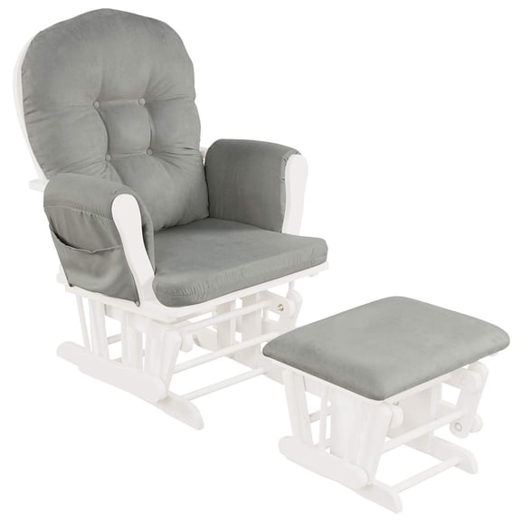 Light Gray Tufted Glider Rocking Chair With Ottoman, Solid Wood Base