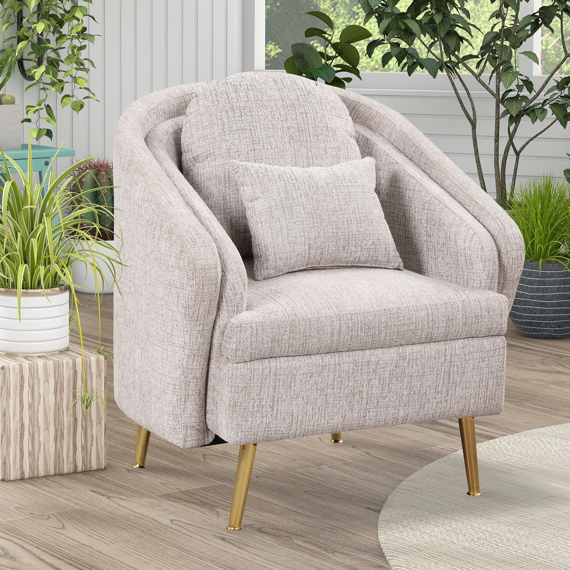 Light Gray Upholstered Accent Chair with Lumbar Pillow and Metal Legs