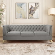 Light Gray Velvet Sofa, 83"L 3-Seat Sofa and Couch, Mid-Century Velvet Upholstered Sofa, Modern Tufted Sofa with Gold Metal Legs, Heavy Duty Sofa Furniture for Home Apartment Living Room