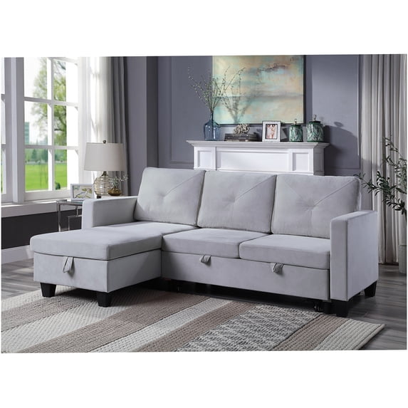 Light Gray Velvet Storage Chaise Sectional Sofa with Reversible Sleeper