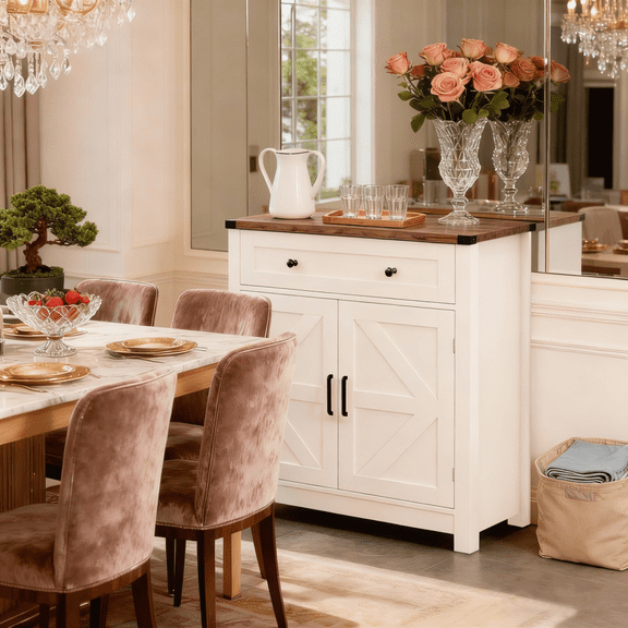 Light Gray-Washed Wood Farmhouse Barn-Door Storage Cabinet, Coffee Bar Buffet Sideboard