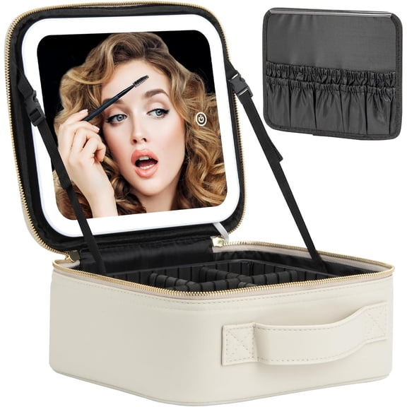 Light Gray Waterproof Makeup Travel Case with Mirror, LED Light, Adjustable Brightness, and Adjustable Partitions