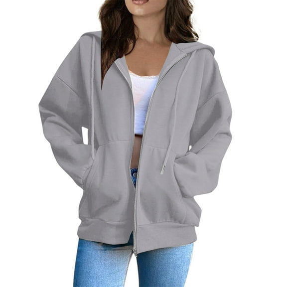 Light Gray Womens Hoodies Long Sleeve Full-Zip Winter Sweaters Light Trendy Cotton Hooded Casual Drawstring with Pocket Jackets
