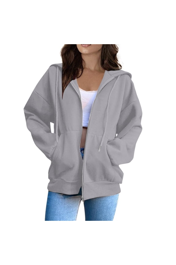 Light Gray Womens Hoodies Long Sleeve Full-Zip Winter Sweaters Light Trendy Cotton Hooded Casual Drawstring with Pocket Jackets