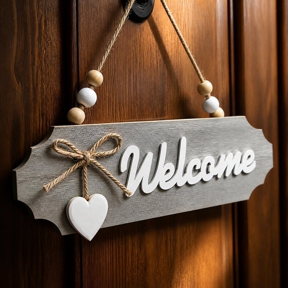 Light Gray Wooden Front Entrance Welcome Sign, Welcome Sign for Front Porch, Front Porch Decorations Outdoor, Door Decorations Hanging, 8X2.5 Inch Beaded Hanging Decor with Jute