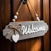 Light Gray Wooden Welcome Hanging Sign, Welcome Sign for Front Door, Rustic Farmhouse Wall Decor, Entryway Wall Decor, 8X2.5 Inch Small Decor Piece with Jute Bow and Hanging Heart