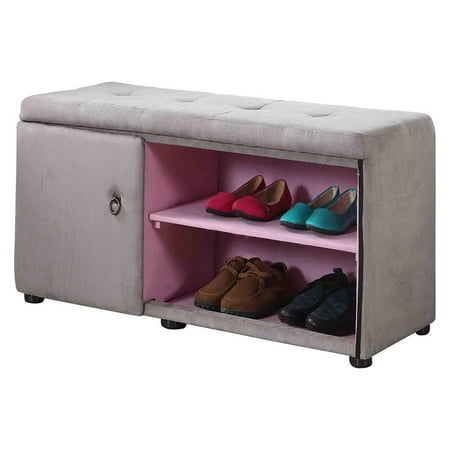 Light Gray and Pink Tufted Shoe Storage Bench