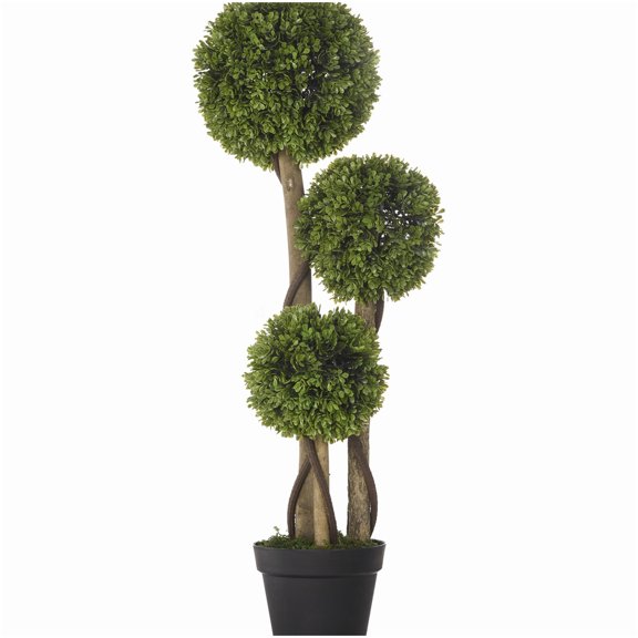 Light Green 3-Ball Boxwood Artificial Topiary Tree, Plastic Construction, 35.5 Inch Height, Boho Home Accent for Living Room