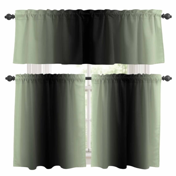 Light Green Black Ombre Kitchen Curtains Sets for Windows 36 Inch Length, Modern Gradient Abstract Art Rod Pocket Window Treatments Tier Curtains and Valances Set for Bedroom/Bathroom